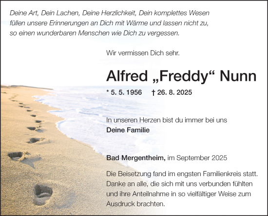 Traueranzeige von Alfred Nunn von Fränkische Nachrichten