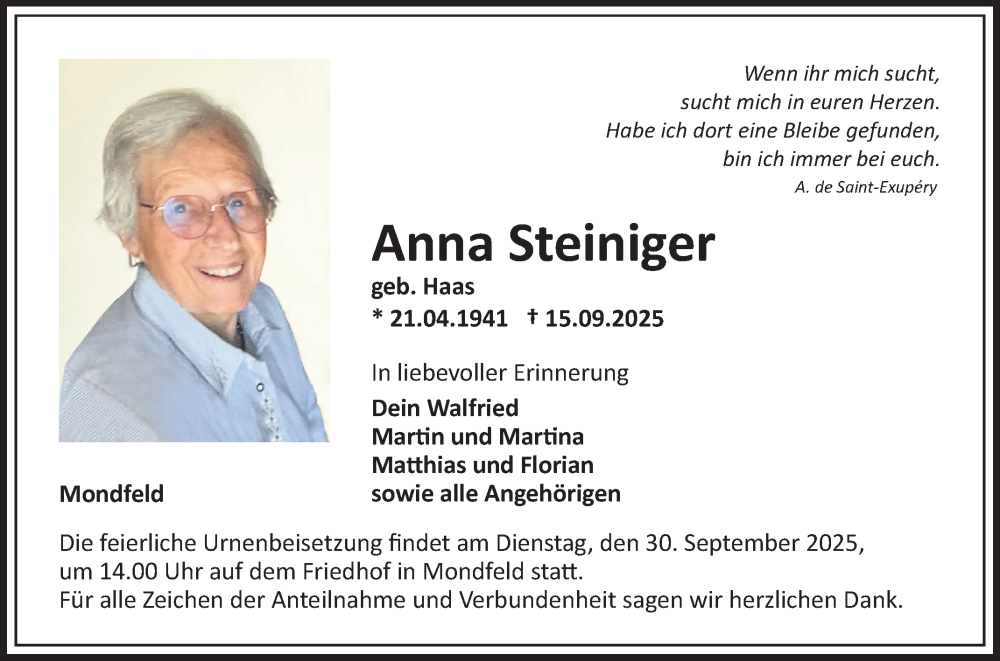  Traueranzeige für Anna Steiniger vom 27.09.2025 aus Fränkische Nachrichten