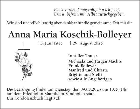 Traueranzeige von Anna Maria Koschik-Bolleyer von Mannheimer Morgen