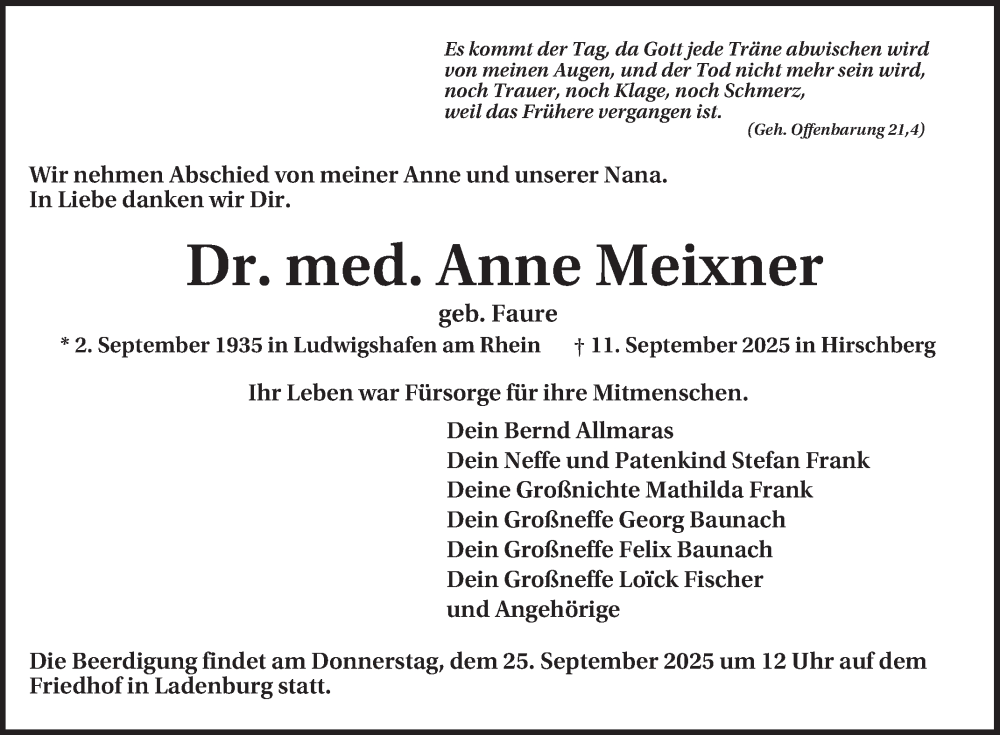  Traueranzeige für Anne Meixner vom 20.09.2025 aus Mannheimer Morgen