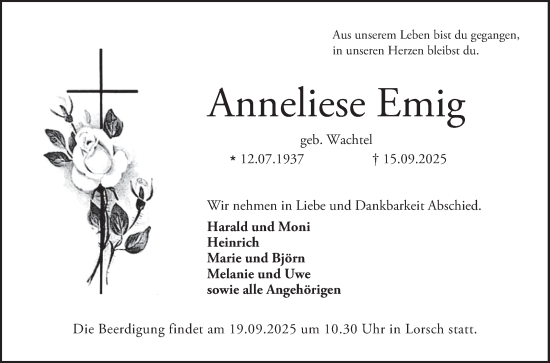 Traueranzeige von Anneliese Emig von Bergsträßer Anzeiger