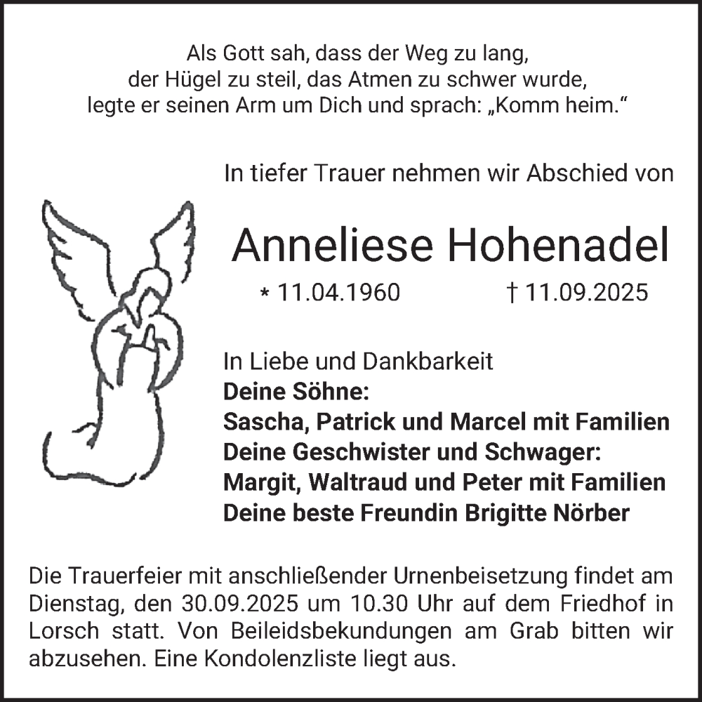  Traueranzeige für Anneliese Hohenadel vom 27.09.2025 aus Bergsträßer Anzeiger