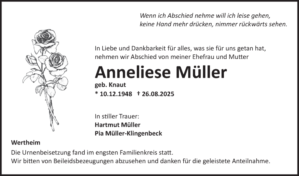  Traueranzeige für Anneliese Müller vom 12.09.2025 aus Fränkische Nachrichten
