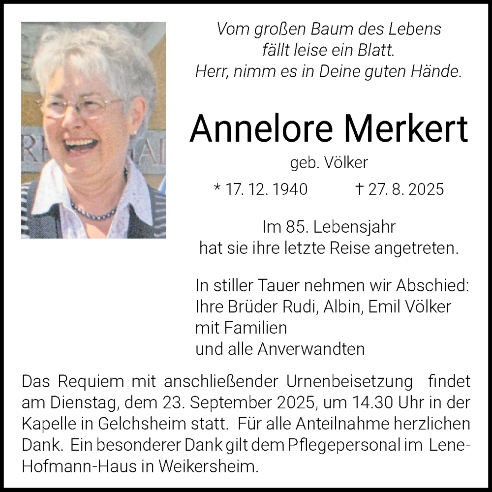  Traueranzeige für Annelore Merkert vom 20.09.2025 aus Fränkische Nachrichten