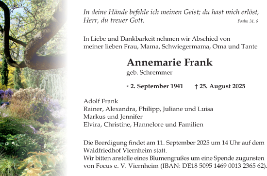 Traueranzeige von Annemarie Frank von Mannheimer Morgen