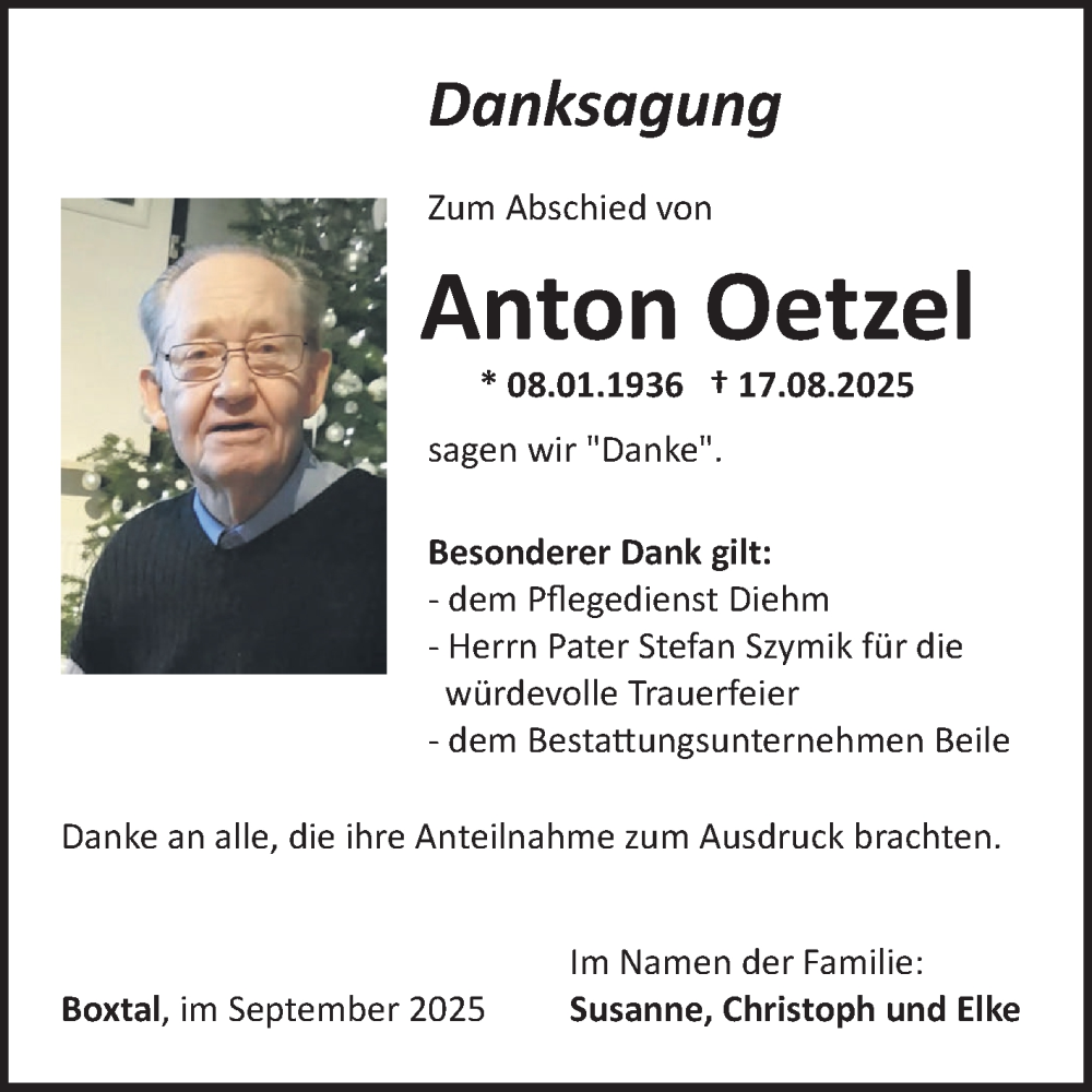  Traueranzeige für Anton Oetzel vom 06.09.2025 aus Fränkische Nachrichten