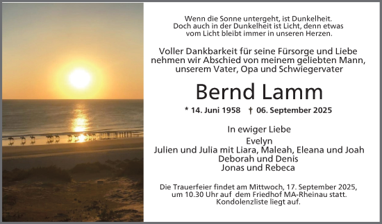 Traueranzeige von Bernd Lamm von Mannheimer Morgen