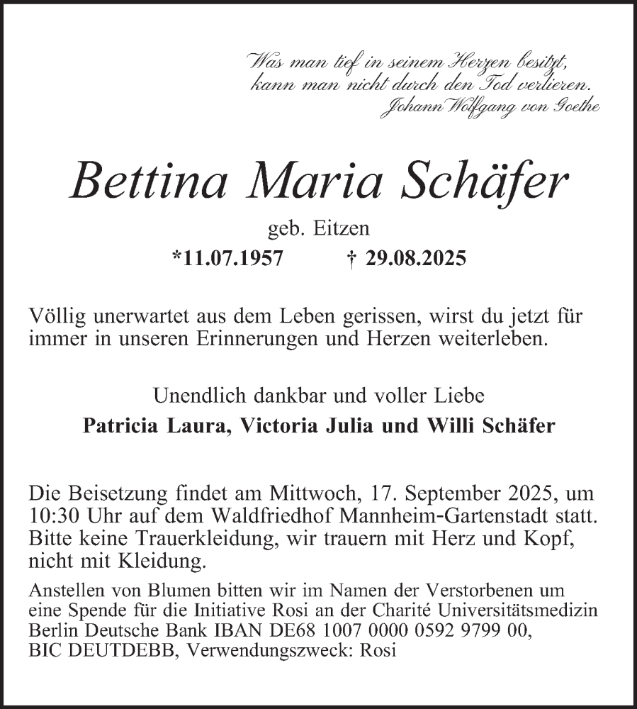  Traueranzeige für Bettina Maria Schäfer vom 13.09.2025 aus Mannheimer Morgen