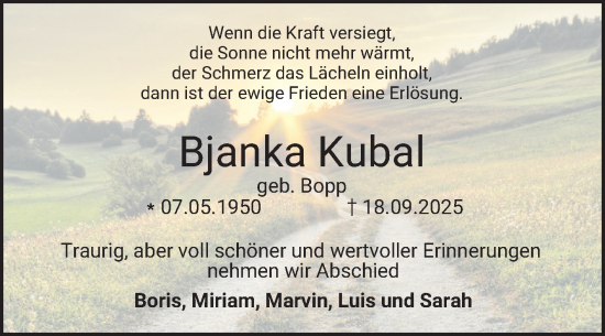 Traueranzeige von Bjanka Kubal von Bergsträßer Anzeiger