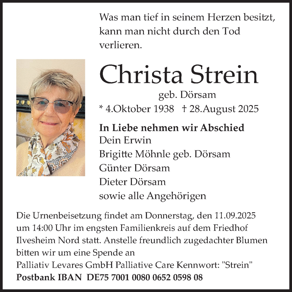  Traueranzeige für Christa Strein vom 06.09.2025 aus Mannheimer Morgen