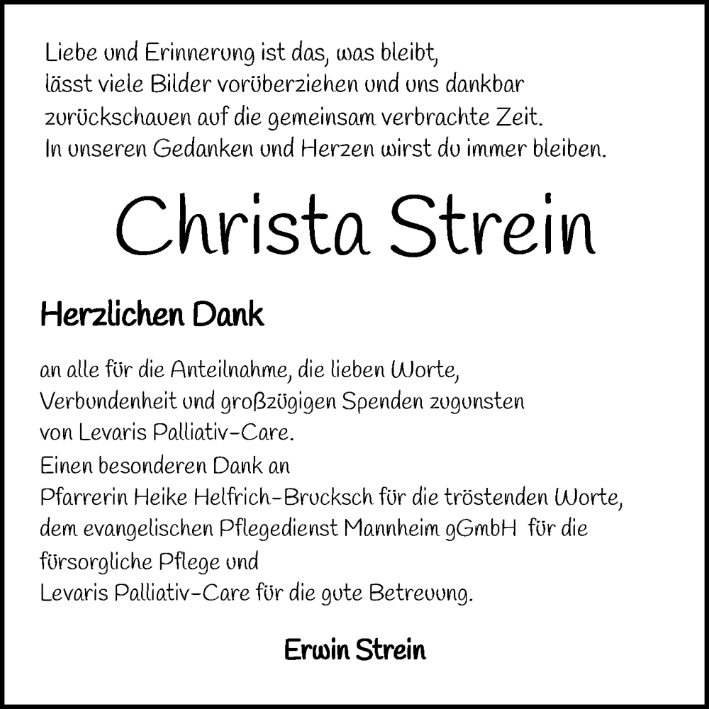  Traueranzeige für Christa Strein vom 20.09.2025 aus Mannheimer Morgen