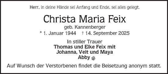 Traueranzeige von Christa Maria Feix von Mannheimer Morgen