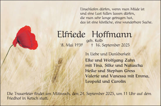 Traueranzeige von Elfriede Hoffmann von Schwetzinger Zeitung