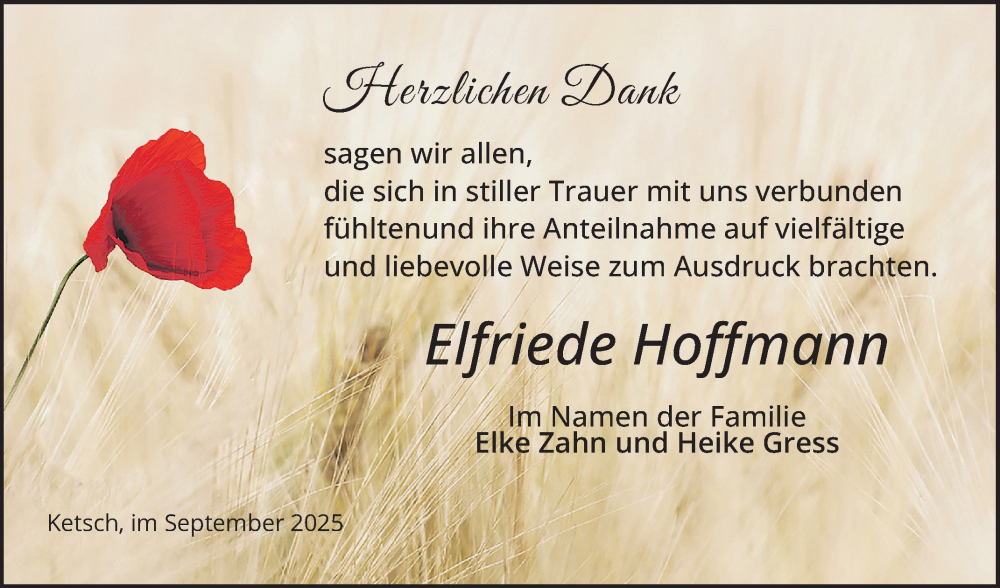  Traueranzeige für Elfriede Hoffmann vom 27.09.2025 aus Schwetzinger Zeitung