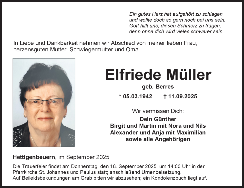 Traueranzeige für Elfriede Müller vom 16.09.2025 aus Fränkische Nachrichten