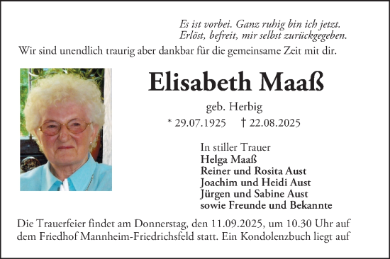 Traueranzeige von Elisabeth Maaß von Mannheimer Morgen