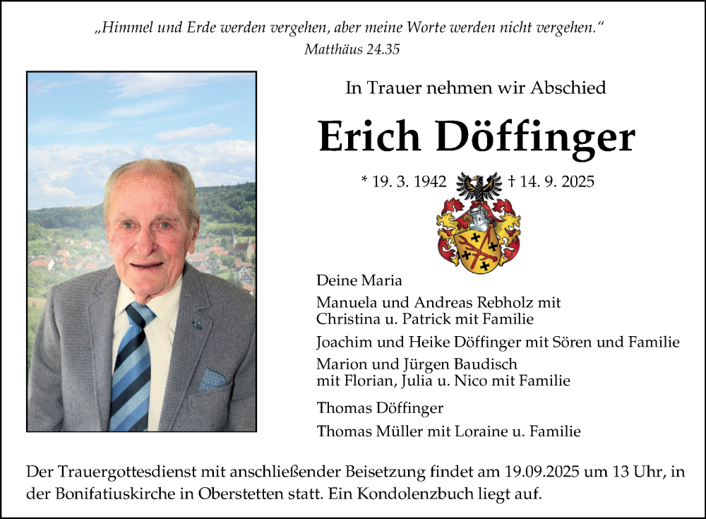  Traueranzeige für Erich Döffinger vom 17.09.2025 aus Fränkische Nachrichten