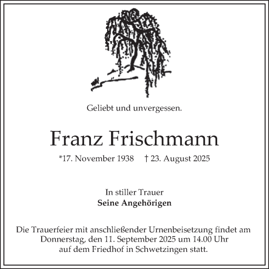 Traueranzeige von Franz Frischmann von Schwetzinger Zeitung