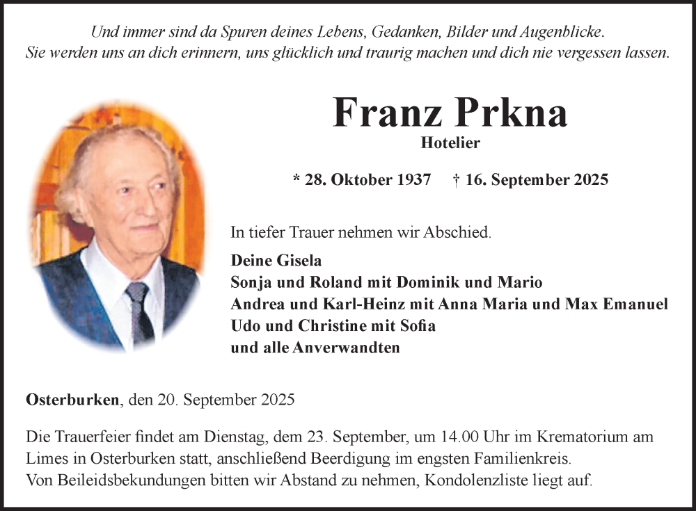  Traueranzeige für Franz Prkna vom 20.09.2025 aus Fränkische Nachrichten