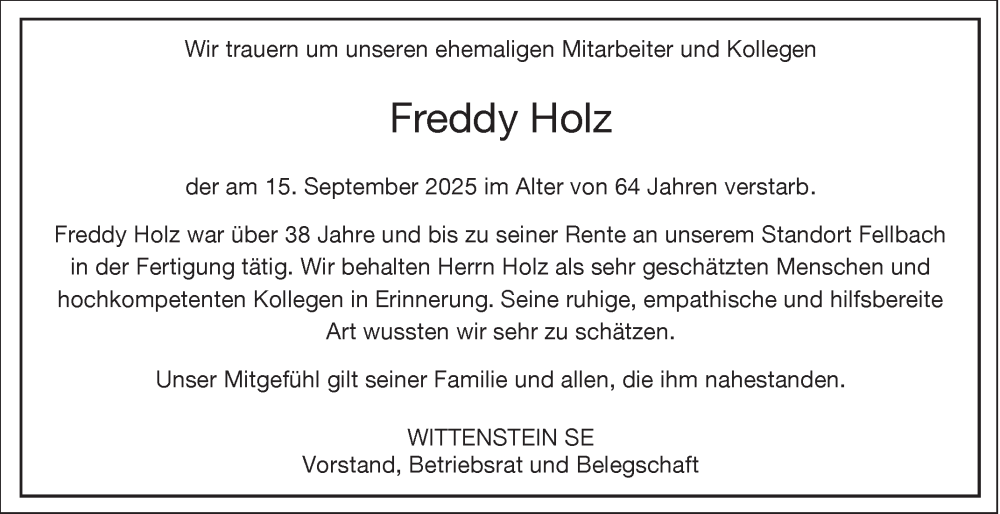  Traueranzeige für Freddy Holz vom 30.09.2025 aus Fränkische Nachrichten