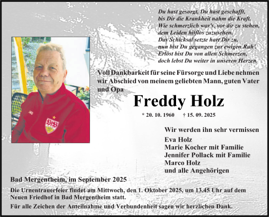 Traueranzeige von Freddy Holz von Fränkische Nachrichten