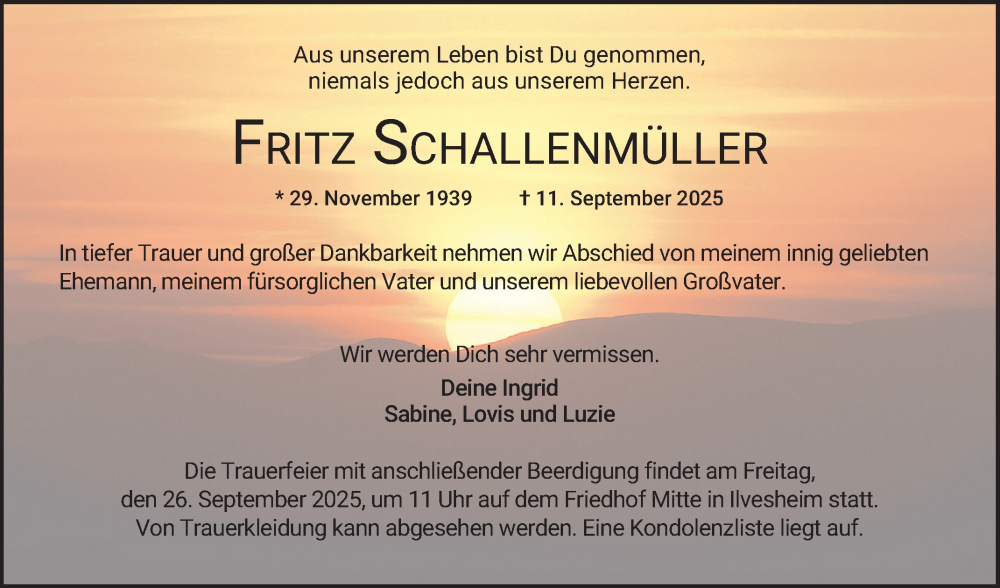  Traueranzeige für Fritz Schallenmüller vom 20.09.2025 aus Mannheimer Morgen