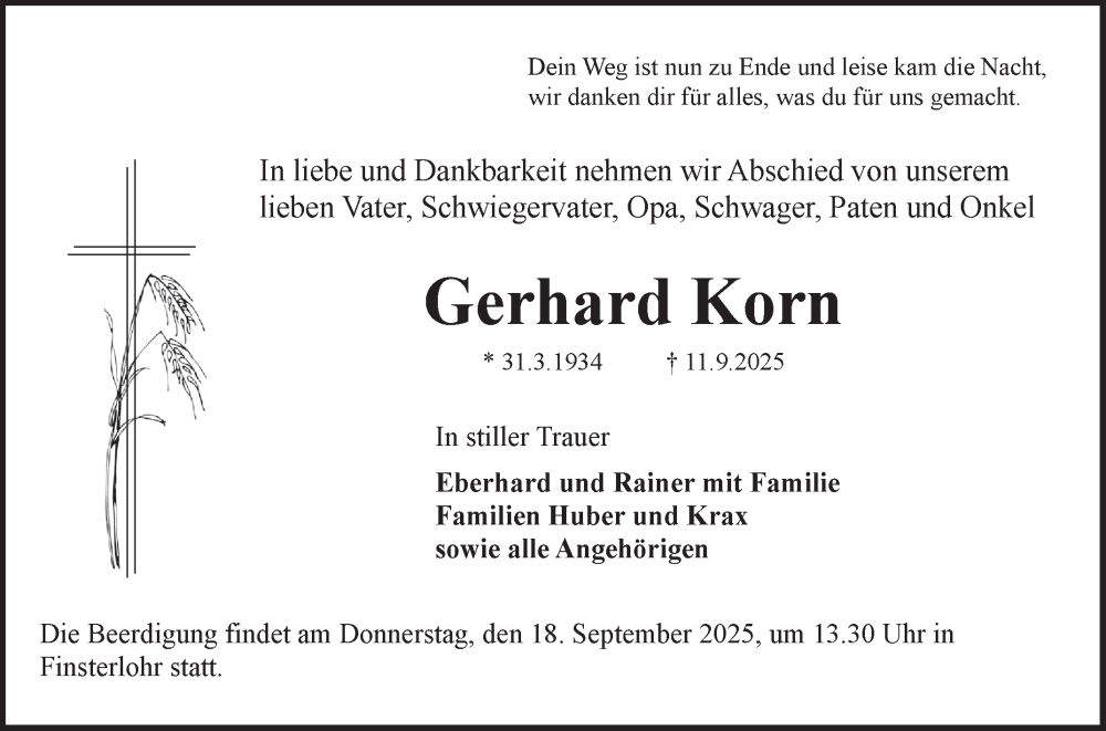  Traueranzeige für Gerhard Korn vom 16.09.2025 aus Fränkische Nachrichten