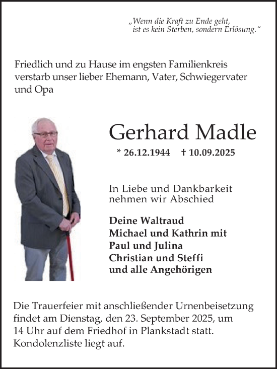 Traueranzeige von Gerhard Madle von Schwetzinger Zeitung