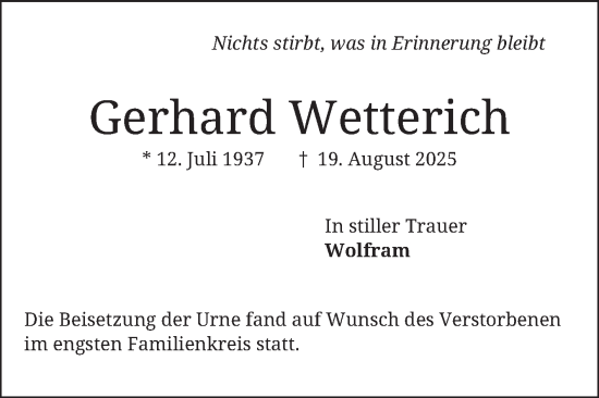 Traueranzeige von Gerhard Wetterich von Mannheimer Morgen