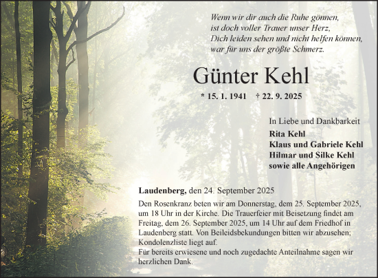 Traueranzeige von Günter Kehl von Fränkische Nachrichten