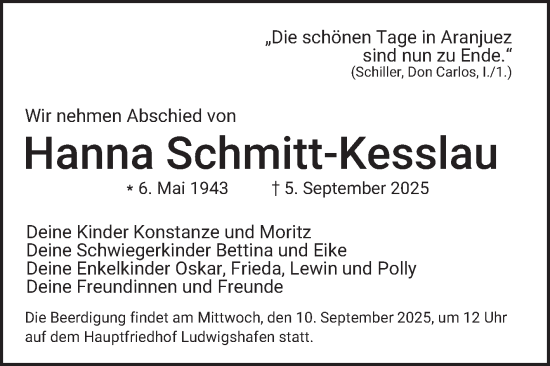 Traueranzeige von Hanna Schmitt-Kesslau von Mannheimer Morgen