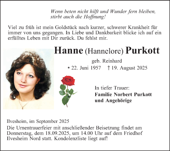 Traueranzeige von Hanne Purkott von Mannheimer Morgen