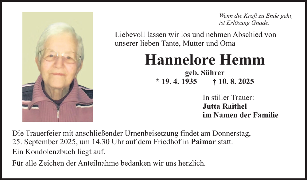  Traueranzeige für Hannelore Hemm vom 20.09.2025 aus Fränkische Nachrichten