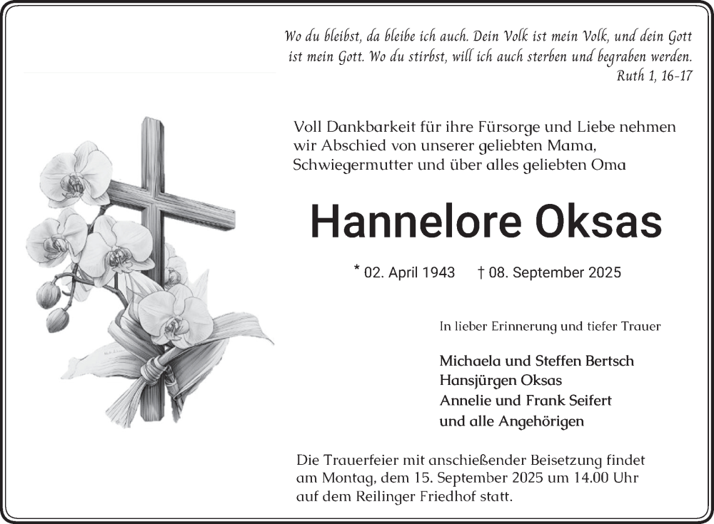  Traueranzeige für Hannelore Oksas vom 12.09.2025 aus Schwetzinger Zeitung