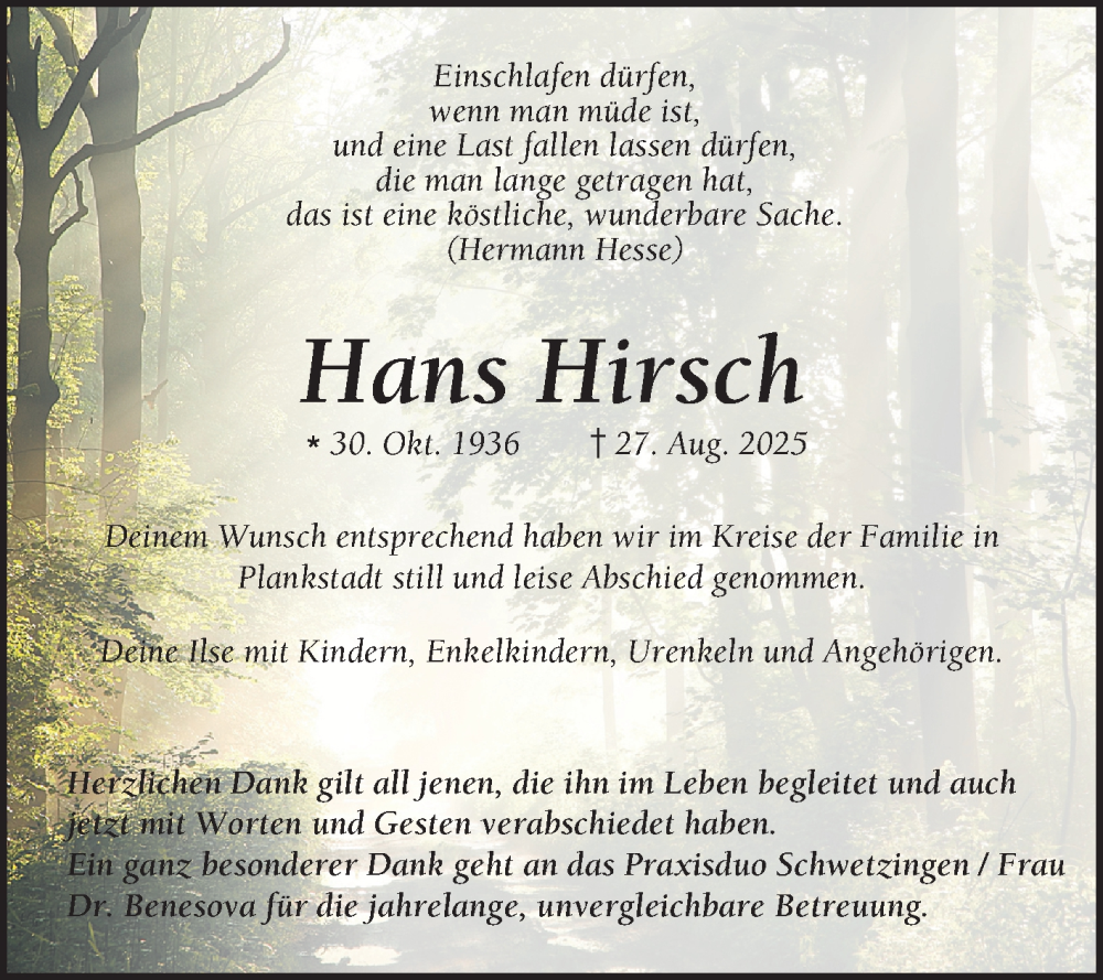  Traueranzeige für Hans Hirsch vom 13.09.2025 aus Schwetzinger Zeitung