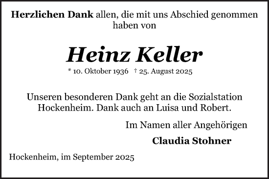 Traueranzeige von Heinz Keller von Schwetzinger Zeitung
