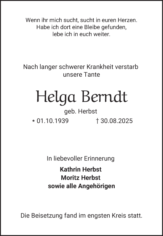 Traueranzeige von Helga Berndt von Bergsträßer Anzeiger