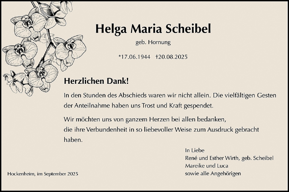  Traueranzeige für Helga Maria Scheibel vom 13.09.2025 aus Schwetzinger Zeitung