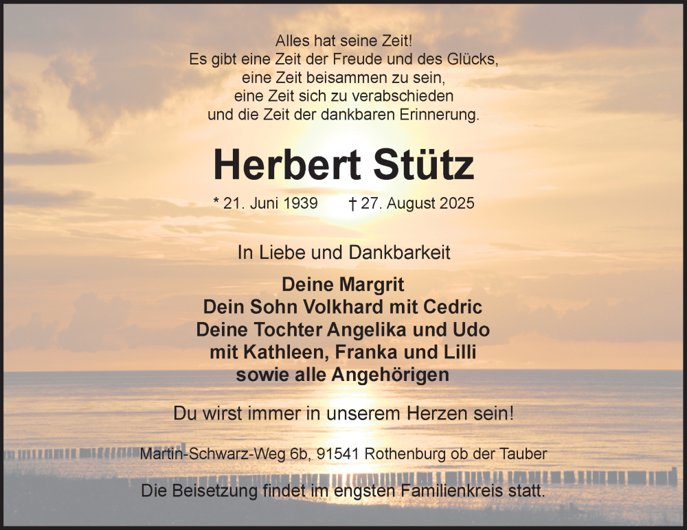  Traueranzeige für Herbert Stütz vom 13.09.2025 aus Fränkische Nachrichten