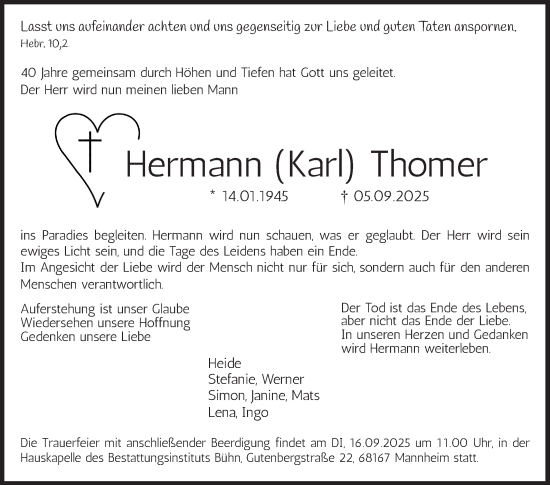 Traueranzeige von Hermann Thomer von Mannheimer Morgen
