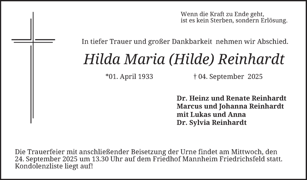  Traueranzeige für Hilda Maria Reinhardt vom 20.09.2025 aus Mannheimer Morgen