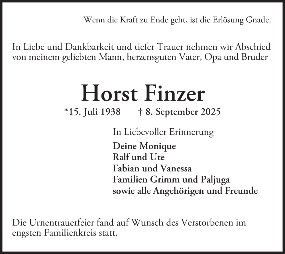  Traueranzeige für Horst Finzer vom 27.09.2025 aus Mannheimer Morgen