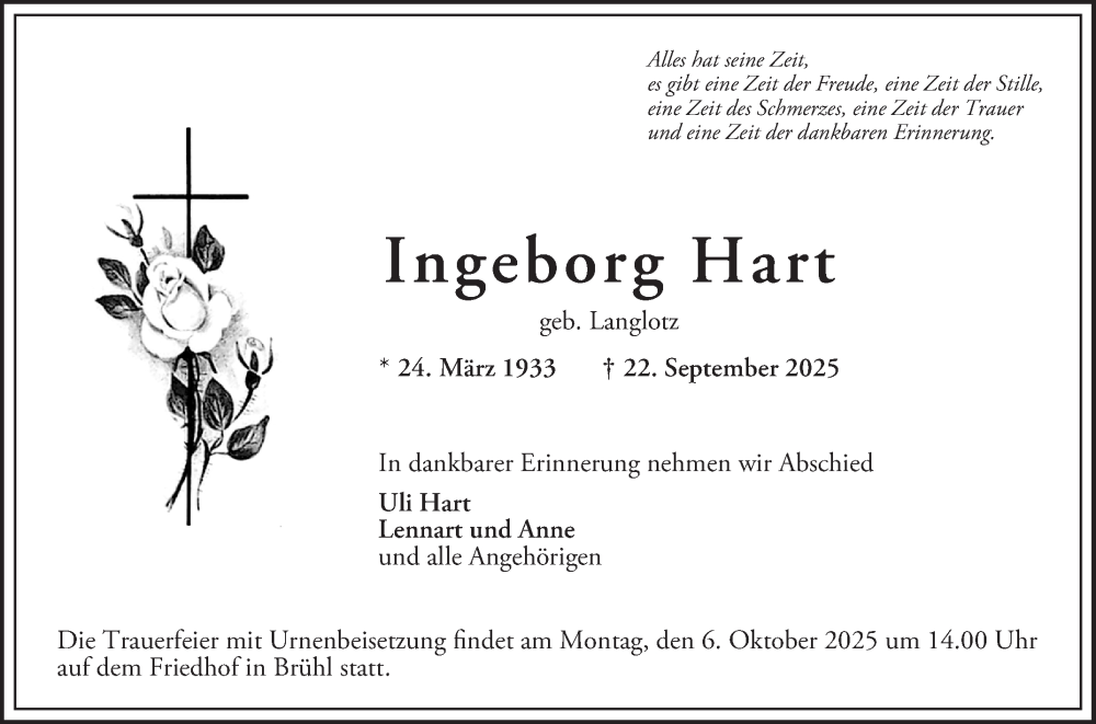  Traueranzeige für Ingeborg Hart vom 27.09.2025 aus Schwetzinger Zeitung