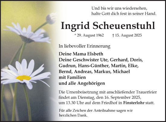 Traueranzeige von Ingrid Scheuenstuhl von Fränkische Nachrichten