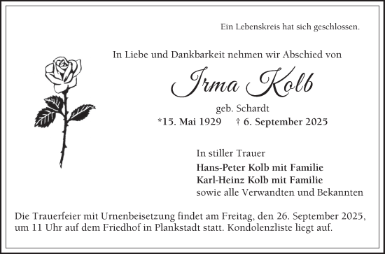 Traueranzeige von Irma Kolb von Schwetzinger Zeitung