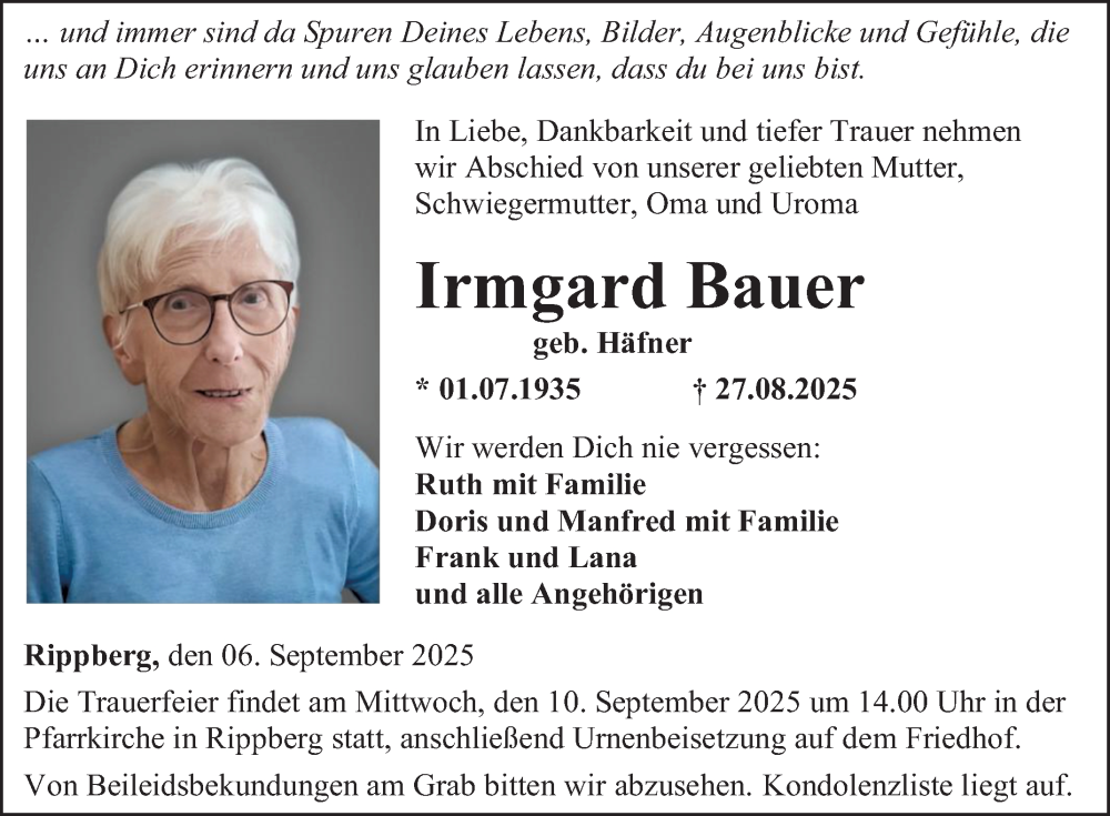  Traueranzeige für Irmgard Bauer vom 06.09.2025 aus Fränkische Nachrichten