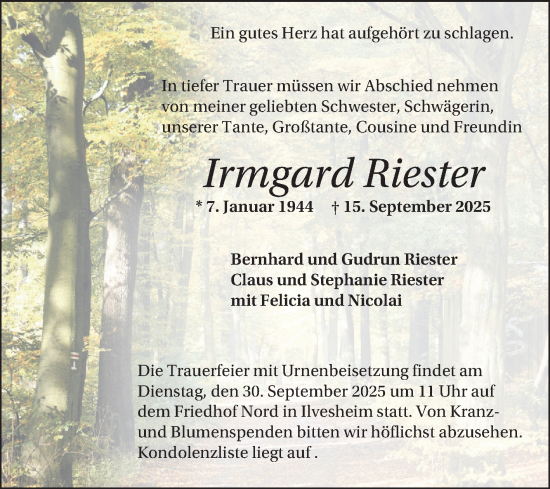Traueranzeige von Irmgard Riester von Mannheimer Morgen