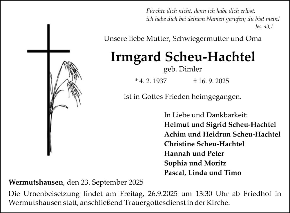  Traueranzeige für Irmgard Scheu-Hachtel vom 23.09.2025 aus Fränkische Nachrichten