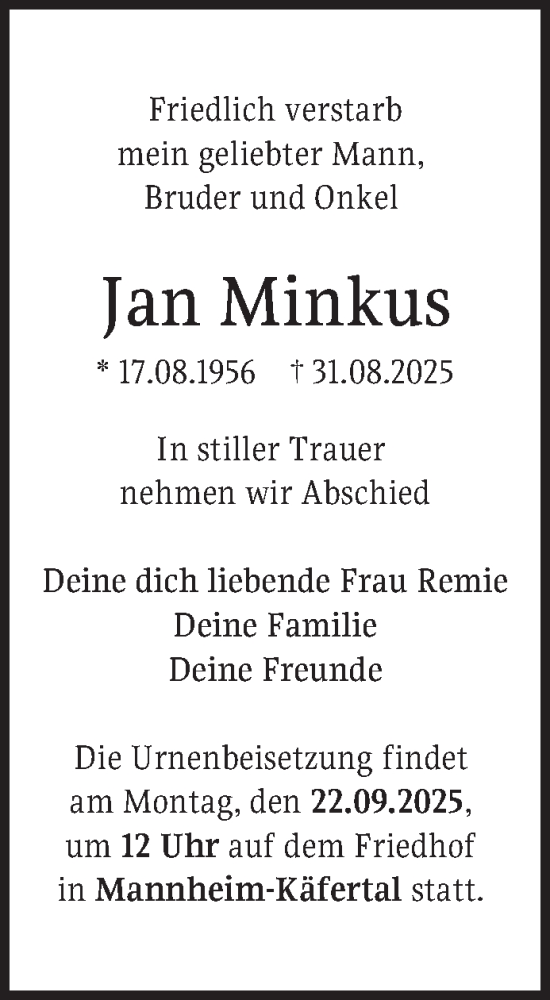 Traueranzeige von Jan Minkus von Mannheimer Morgen