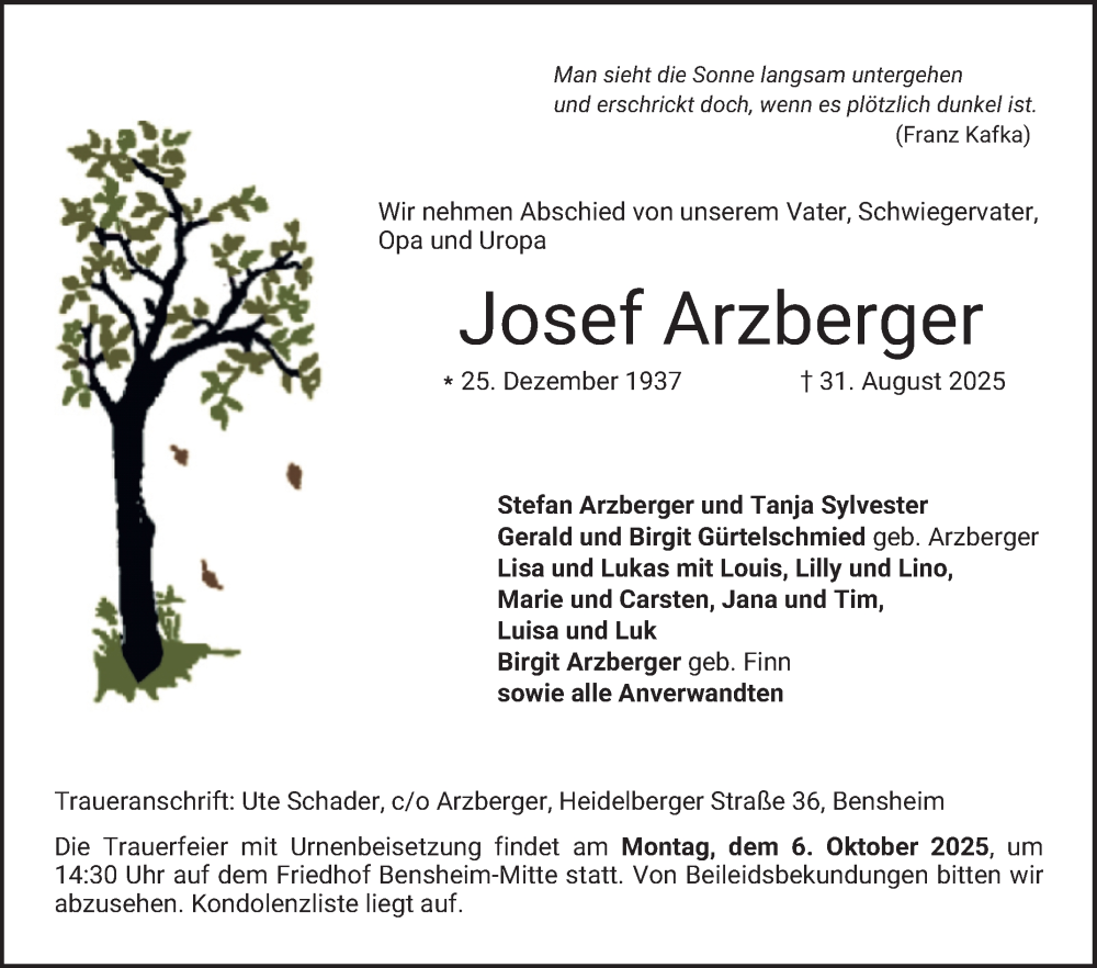  Traueranzeige für Josef Arzberger vom 13.09.2025 aus Bergsträßer Anzeiger